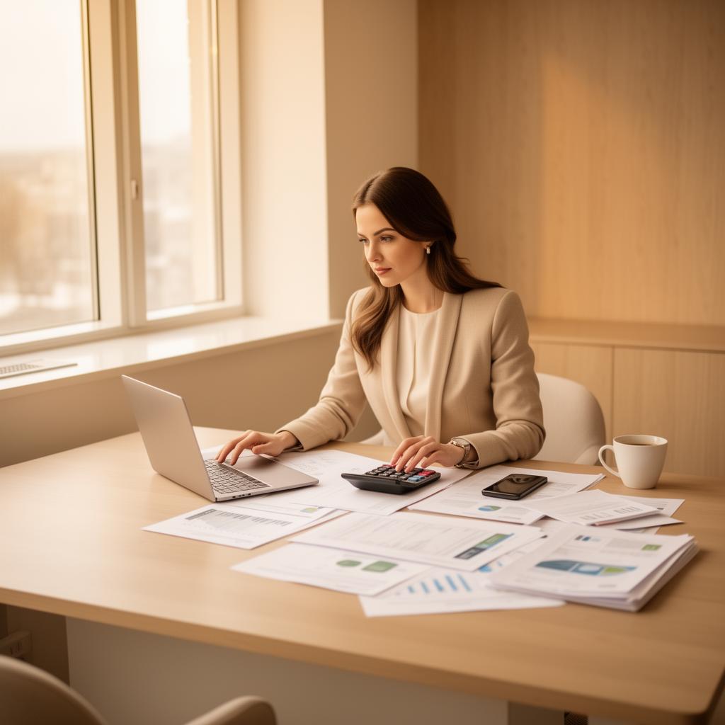 Professional accountant reviewing financial documents in a modern office